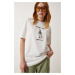 Happiness İstanbul Women's White Embroidery Oversize Knitted T-Shirt