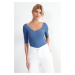 Trendyol Indigo Lace Detail V Neck Fitted Cotton Stretch Knitted Blouse