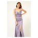 Lafaba Women's Lilac Straps and Split Long Satin Evening Dress & Prom Dress