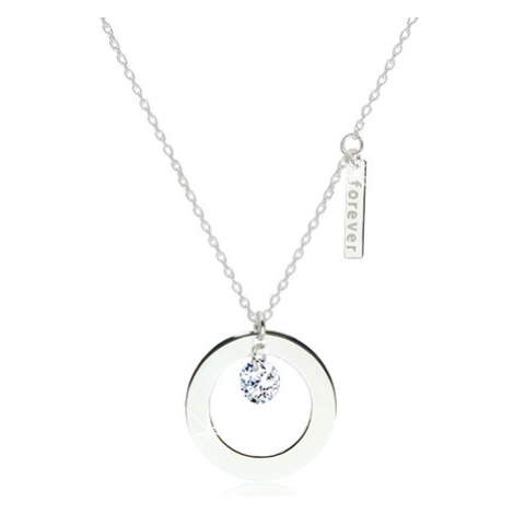 Lesklý náhrdelník zo striebra 925 - kontúra kruhu s výrezom, známka s nápisom "forever", číry zi