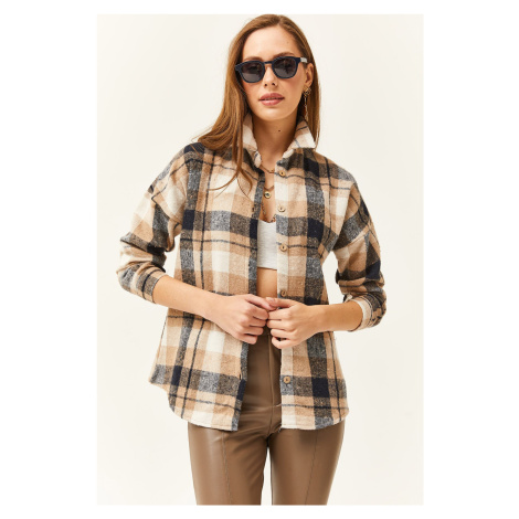 Olalook Women's Beige Navy Blue Plaid Lumberjack Shirt