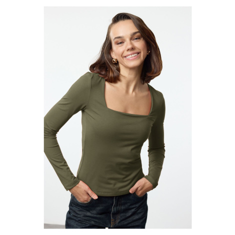 Trendyol Khaki Cotton Square Collar Regular Fit Knitted Thin Blouse