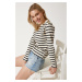 Happiness İstanbul Woman's Black Cream Gold Button Detailed Striped Knitted Blouse