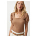 Happiness İstanbul Women's Camel Square Collar Balloon Sleeve Knitted Blouse