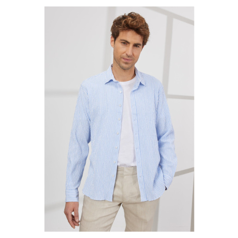 ALTINYILDIZ CLASSICS Men's White-blue Slim Fit Slim Fit Slim Fit Hidden Button Collar Cotton Str