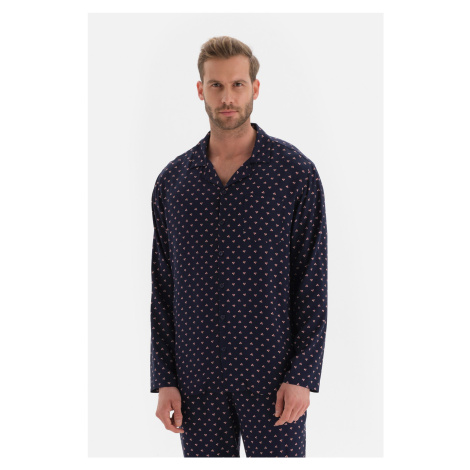 Dagi Navy Blue Shirt Collar Meter Printed Viscose Pajama Top
