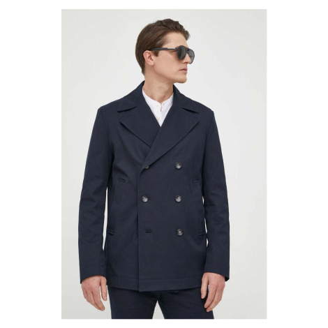 Kabát BOSS pánsky, tmavomodrá farba, prechodný, dvojradový Hugo Boss