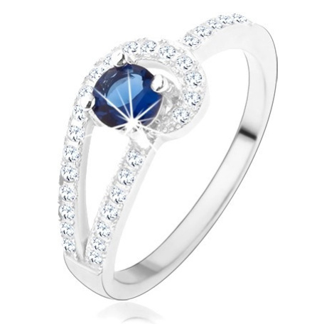 Strieborný prsteň 925, trblietavé línie čírej farby, okrúhly modrý zirkón - Veľkosť: 49 mm