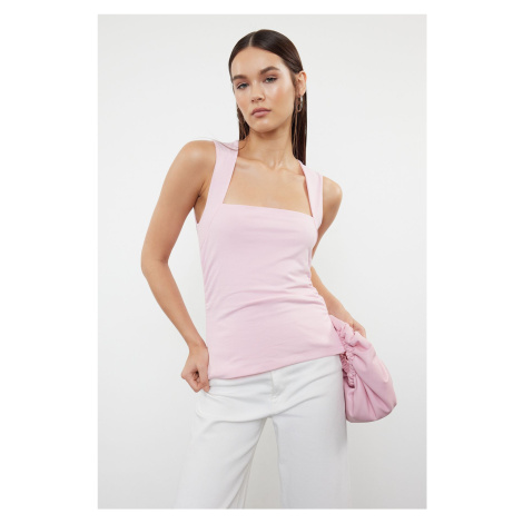 Trendyol Pink Plain Square Neck Strap Gathered Knitted Blouse