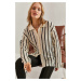 Bianco Lucci Women's Shirt Collar Long Sleeve Striped Cardigan