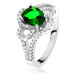 Strieborný 925 prsteň, šikmý oválny zelený zirkón, zaoblené línie, číre kamienky - Veľkosť: 60 m