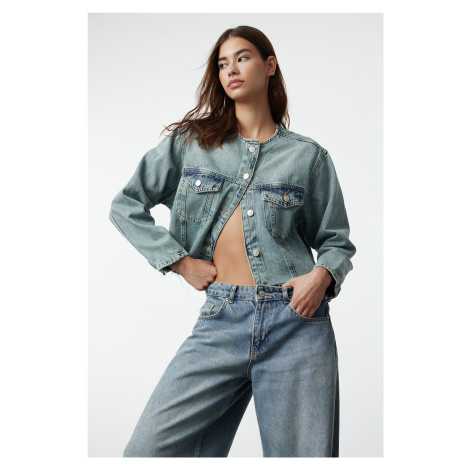 Trendyol Blue Faded Effect Vintage Collar Detail Crop Denim Jacket