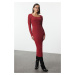 Trendyol Burgundy Ribbed Square Neck Fitted Long Sleeve Slit Midi Dress