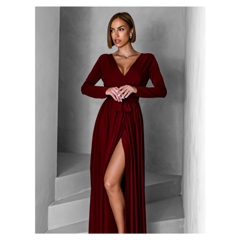 Vínové dlhé spoločenské šaty JOELLIAN s dlhým rukávom