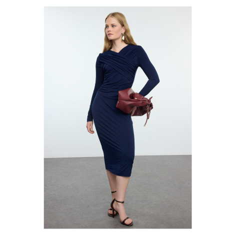 Trendyol Navy Blue Ruffle/Drape Detailed Fitted Long Sleeve Flexible Knitted Dress