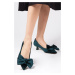 Mio Gusto Molly Green Color Velvet Mini Heel Women's Short Heeled Shoes with Bow