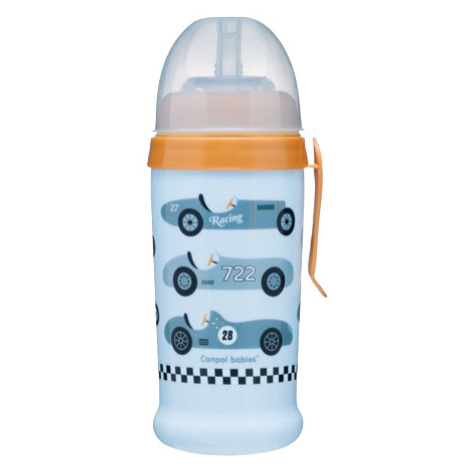 Canpol babies Športová fľaša s silikónovým nepretekajúcim slamkou Autá svetlo modrá 350 ml 350 m