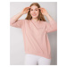 Powder pink sweatshirt of larger size with V-neck.