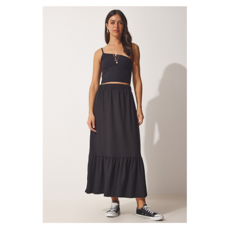 Happiness İstanbul Women's Black Flared Summer Midi Skirt