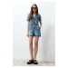 Trendyol Blue Belted Stitching Detailed Denim Jumpsuit