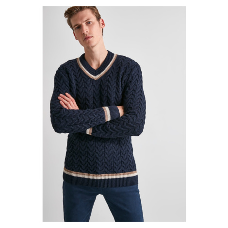 Trendyol Navy Blue Regular Wool V Neck Hair Knitted Sweater