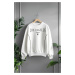 Trendyol Ecru Slogan Printed Oversize/Wide Fit Thick Inside Fleece Knitted Sweatshirt