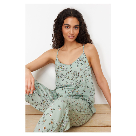 Trendyol Green Floral Ruffled Rope Strap Viscose Woven Pajama Set