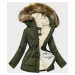 Kaki/hnedá dámska zimná bunda parka s machovitým kožúškom (W560)