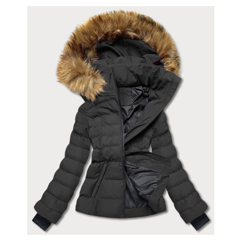 Krátka dámska zimná bunda v army farbe s kožušinou (5M768-136) J.STYLE