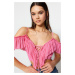 Trendyol Pink Crop Ruffle Knitted Blouse