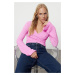 Trendyol Pink Premium Textured Fabric Double Breasted Neck Regular/Normal Fit Crop Knitted Blous