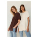 Trendyol Brown-Beige 2 Pack Slit Detailed Crew Neck Short Sleeve Basic Knitted T-Shirt