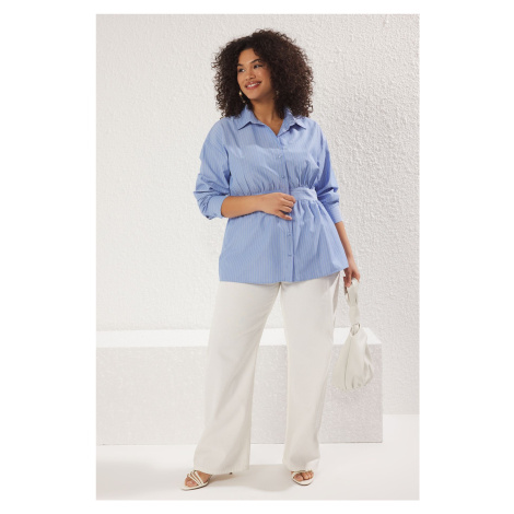 Trendyol Curve Blue Striped Waist Detail Weaving Plus Size Shirt