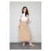 Trendyol Camel Double Breasted Tie Detailed Woven Linen Look Skirt