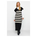 Trendyol Black V Neck Striped Knitwear Sweater Dress