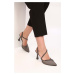 Shoeberry Women's Silvy Platinum Satin Stone Heeled Shoes