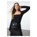 Trendyol Black Square Neck Gather/Drape Detailed Slim/Fitting Knitted Blouse