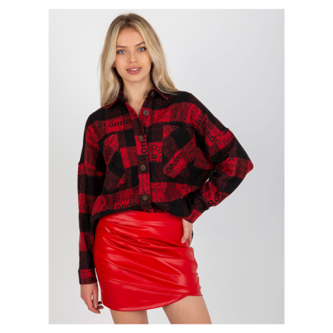 Black and red plaid outer shirt with inscriptions