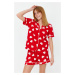 Trendyol Red 100% Cotton Heart Patterned Piping Detailed Shirt-Shorts Knitted Pajamas Set