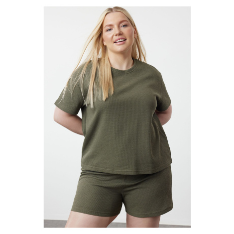 Trendyol Curve Light Khaki Crew Neck Textured Knitted Pajama Set