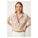 Happiness İstanbul Women's Beige Wide Pocket Tencel Shirt