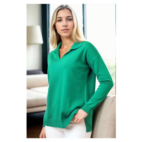 83295 Dewberry Polo Neck Long Sleeve Slit Sweater-GREEN