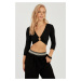 Cool & Sexy Women's Black Front Loop Crop Blouse