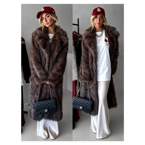 Hnedý dlhý fauxfur kožušinový kabát KINKA