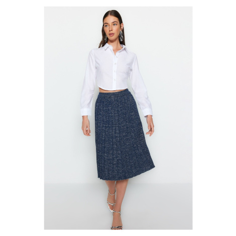 Trendyol Navy Blue Midi Glittery Pleated Knit Skirt