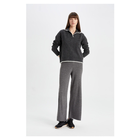 DEFACTO Knitted Trousers Flare Fit Wide Leg Basic Straight Elastic Waist