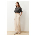 Trendyol Beige Straight Cut Ribbed Woven Trousers