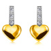 Briliantové náušnice zo 14K kombinovaného zlata - pásik s diamantami, hladké srdce, puzetky