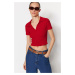 Trendyol Red Fitted/Situated Crop Polo Neck Ribbed Stretch Knitted Blouse