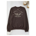 Trendyol Brown Oversize/Wide Cut Printed and Embroidered Fleece Inside Sweatshirt